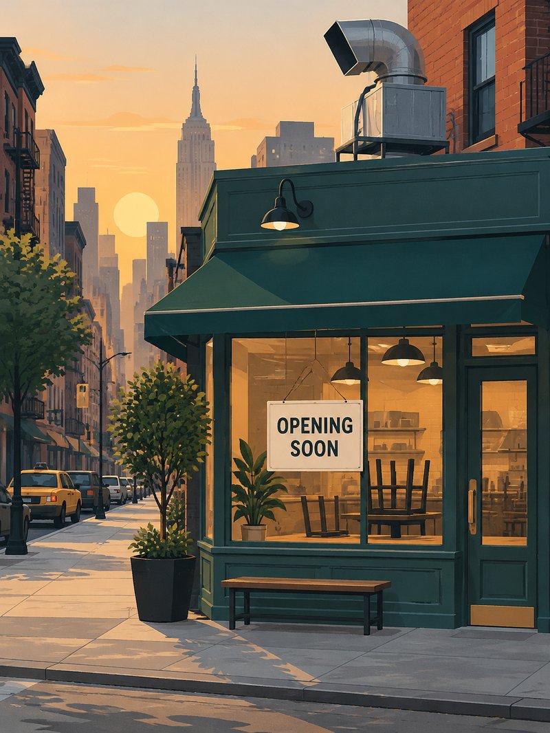 A New York restaurant storefront with an Opening Soon sign in the window and a kitchen exhaust vent on the roof